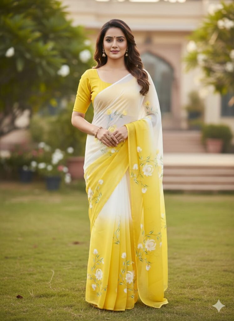 Hand Painted Sarees Diamond Chiffon With Blouse